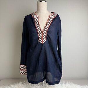 Tory Burch Navy Blue Tunic Sheer with Embroided Trim Size 6